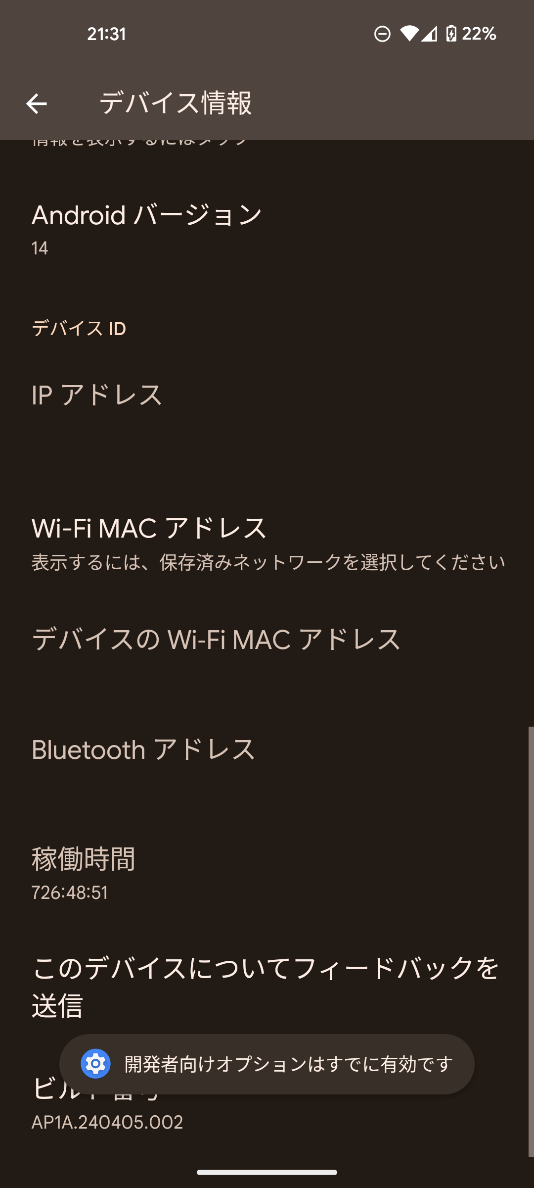 開発者ツールが有効になったことが通知される/