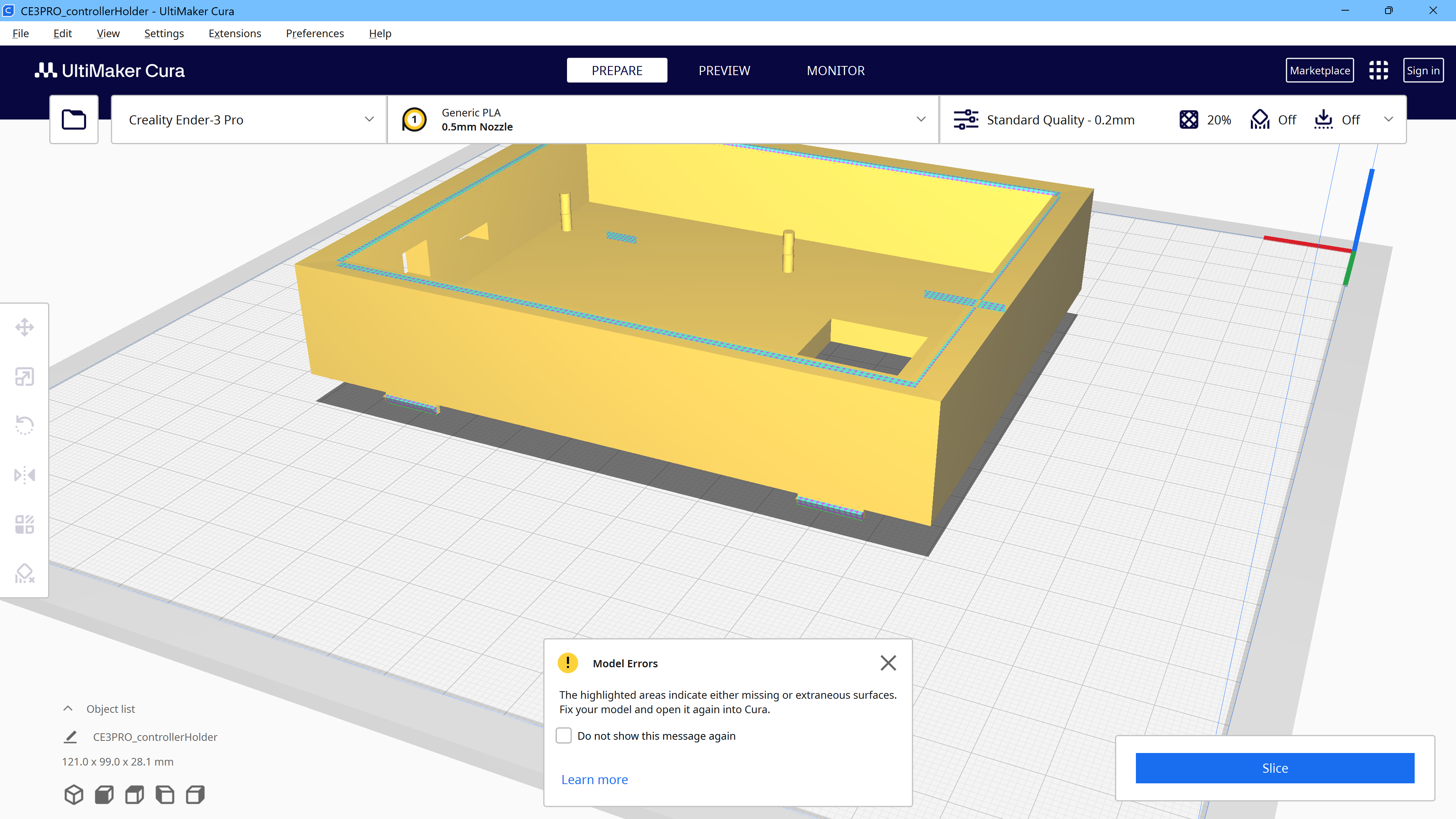 Curaでエラーが出てうまくスライスできない例