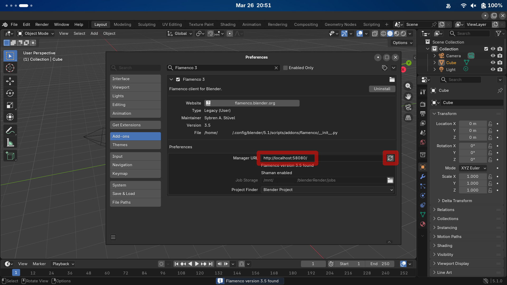 flamencoのアドオンがインストールされたことを確認し、ポート番号を書き換えmanagerを起動した状態で更新ボタンを押す
