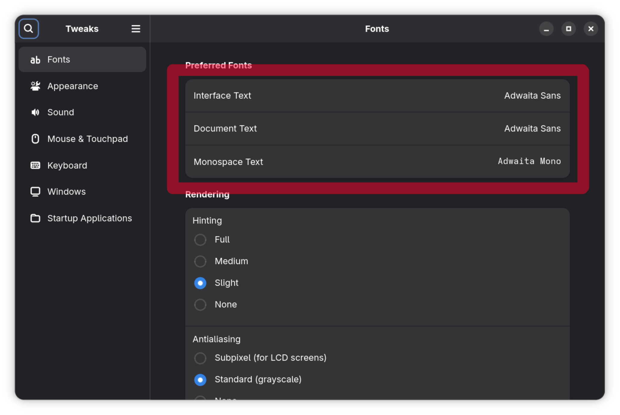 GNOME Tweaks フォント設定画面