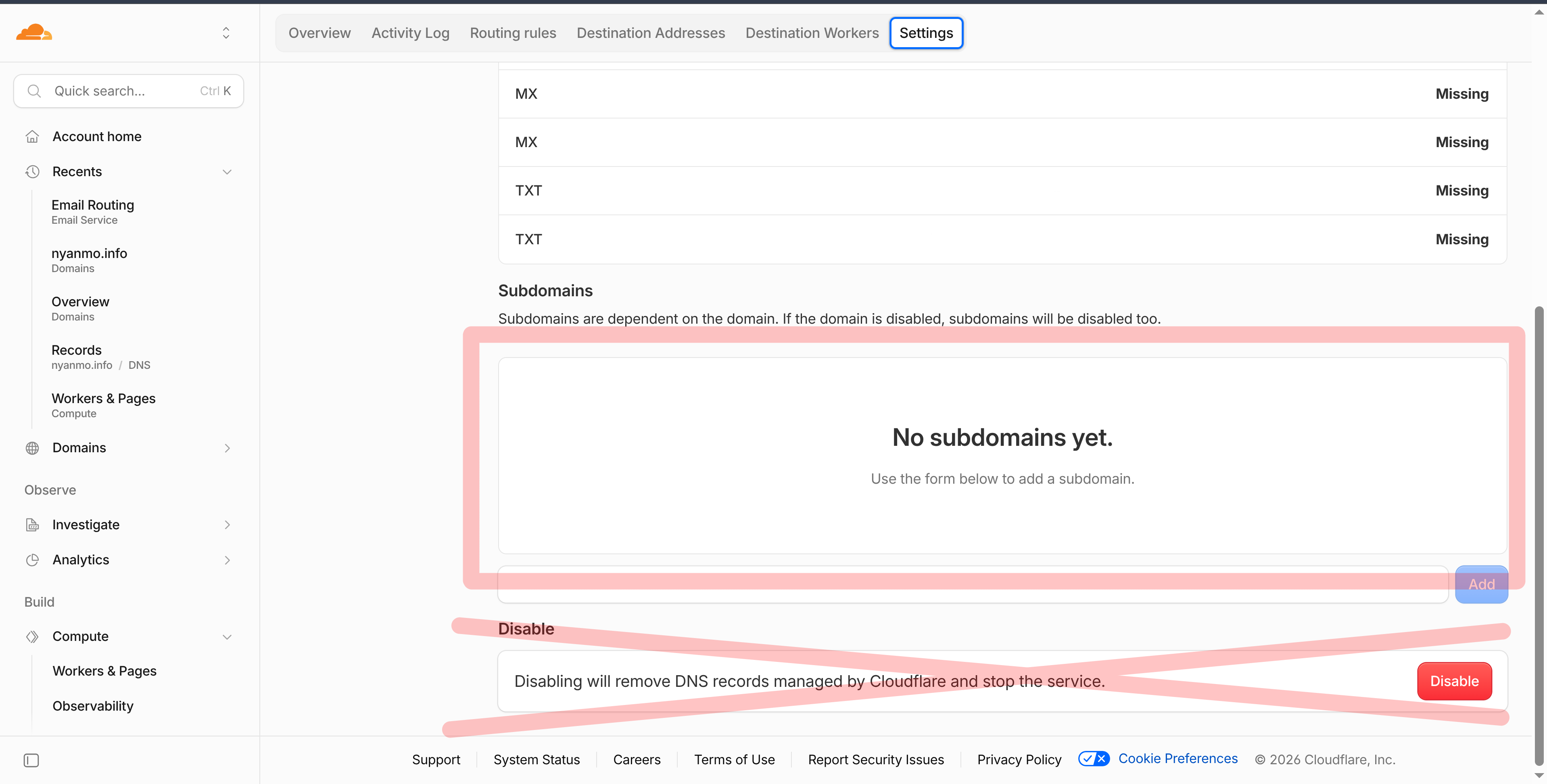EmailRouting無効化方法について